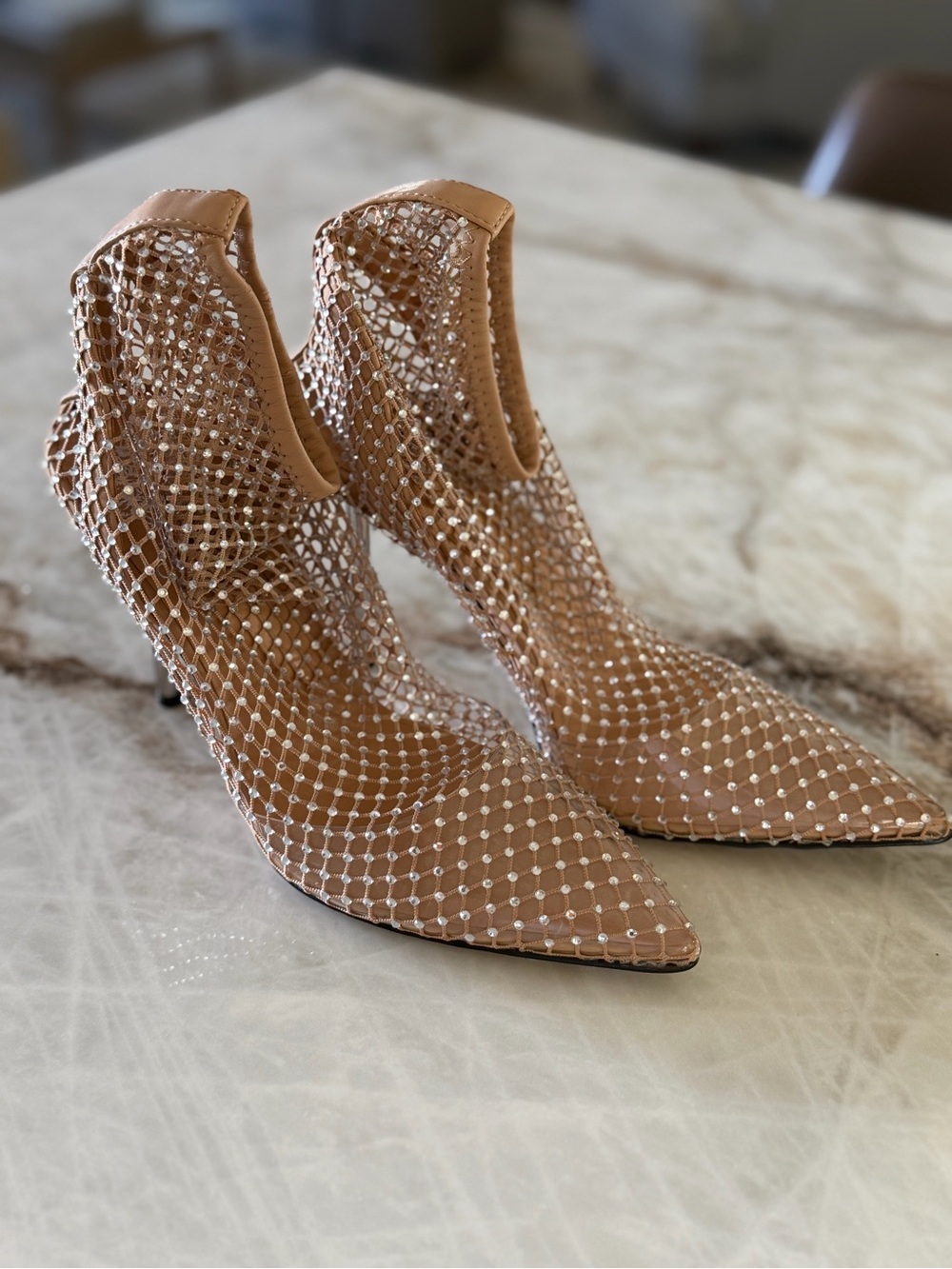 Vince Camuto Nude Crystal Mesh Pointed-Toe Ankle Boots